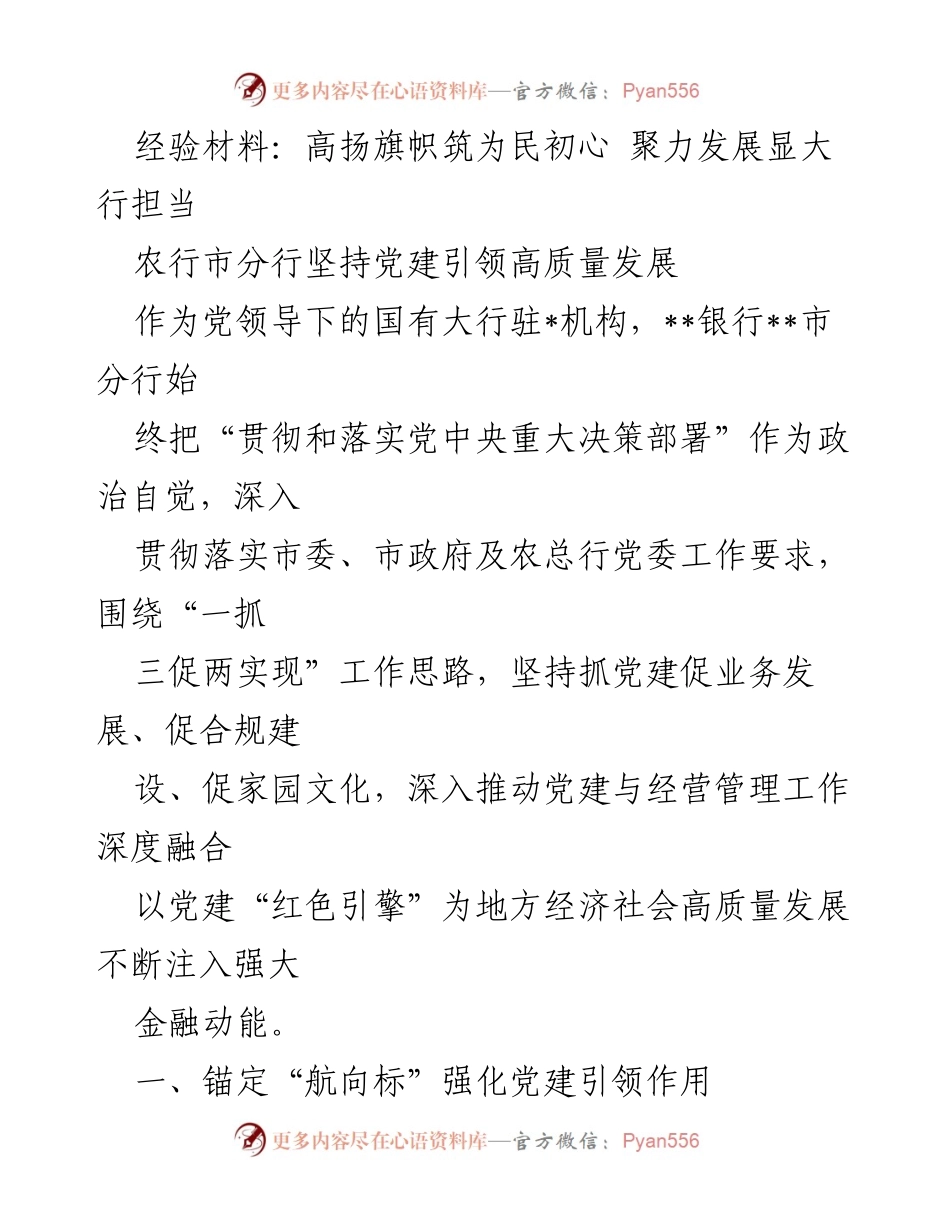 [经验材料] 党建活动 - 高扬旗帜，筑为民初心：农行市分行党建引领高质量发展.docx_第1页