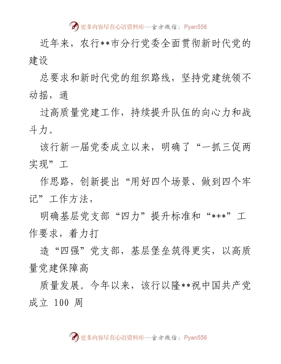 [经验材料] 党建活动 - 高扬旗帜，筑为民初心：农行市分行党建引领高质量发展.docx_第2页