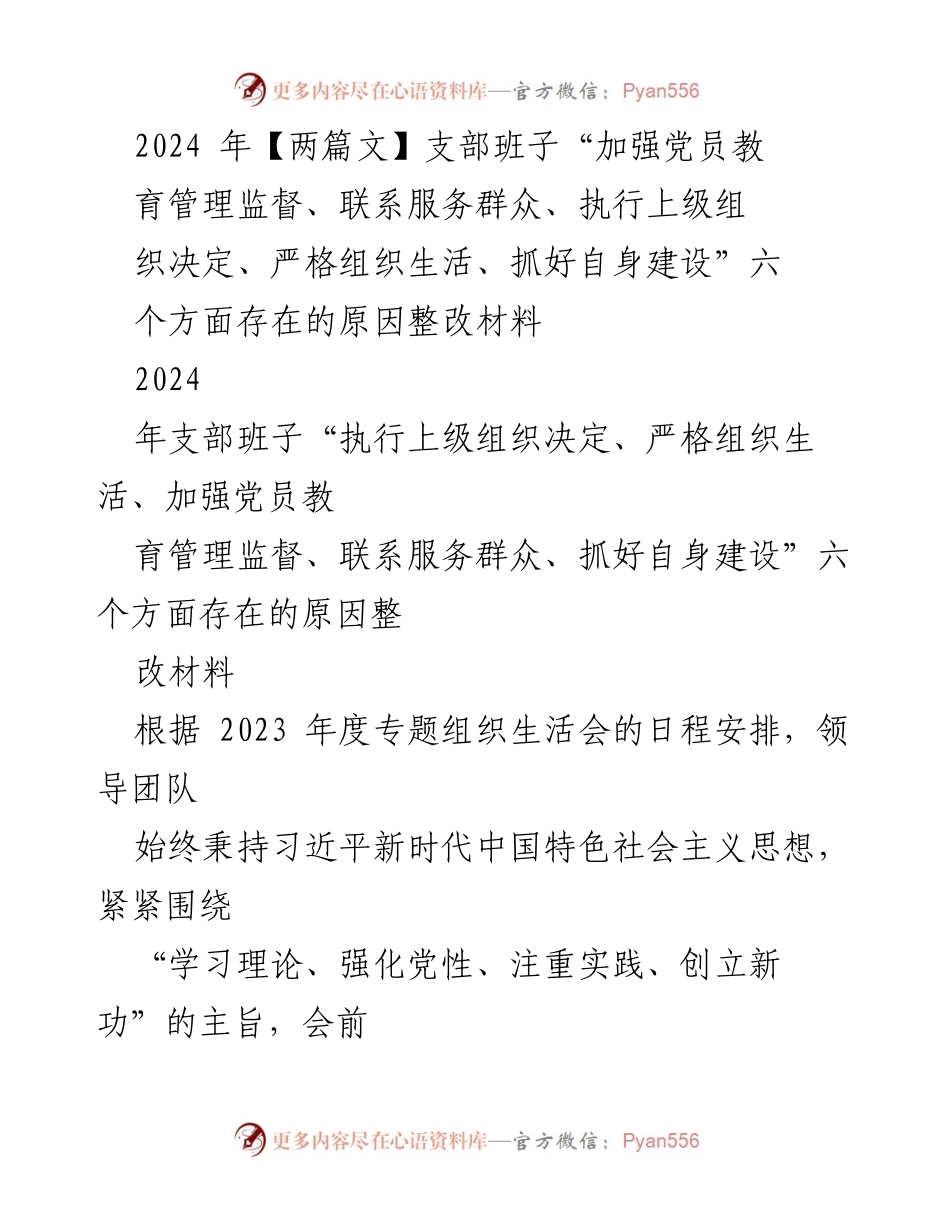 [整改材料] 党支部专题组织生活会 - 2024年支部班子整改措施分析报告.docx_第1页