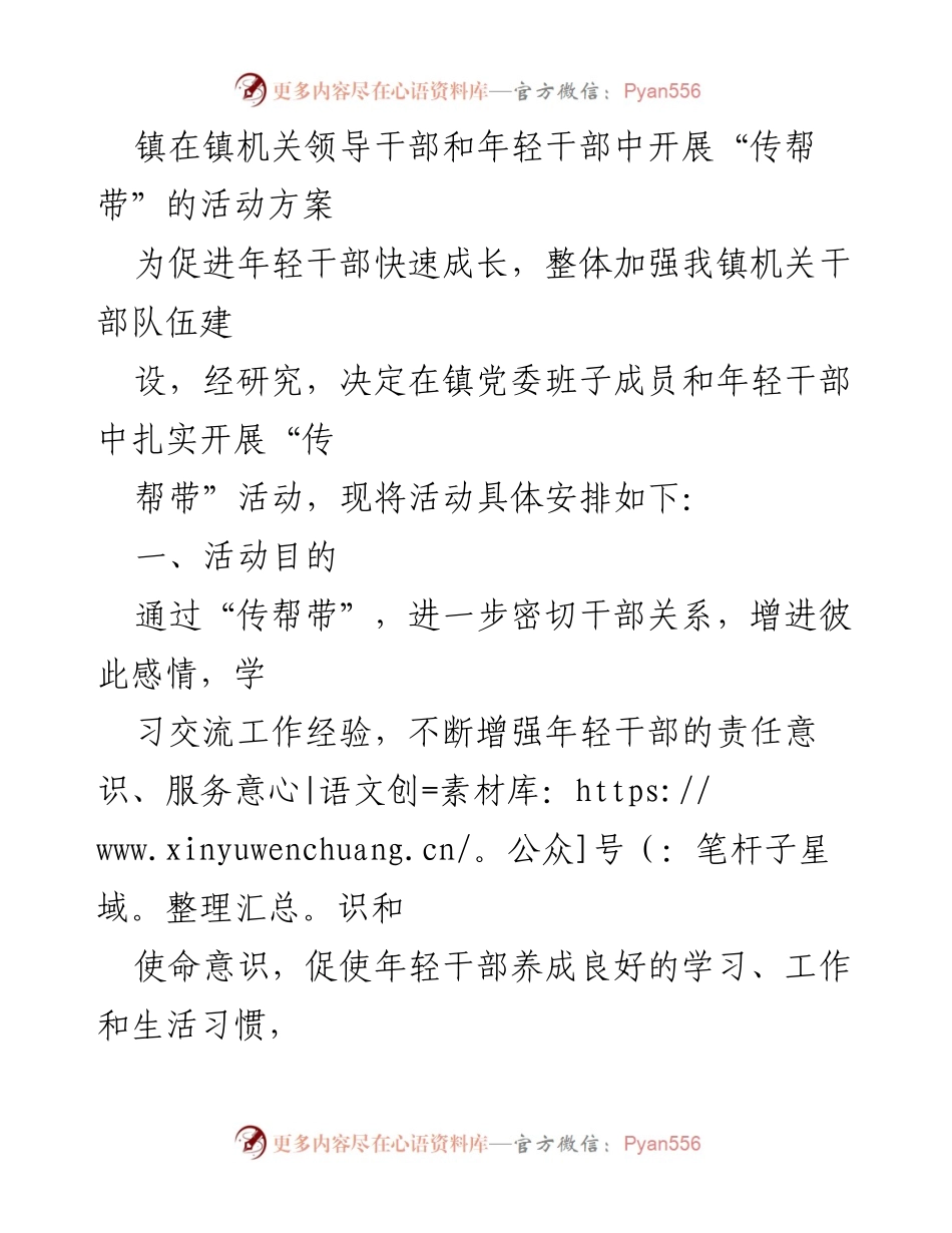 [活动方案] 镇机关干部培训 - “传帮带”助力年轻干部成长计划.docx_第1页