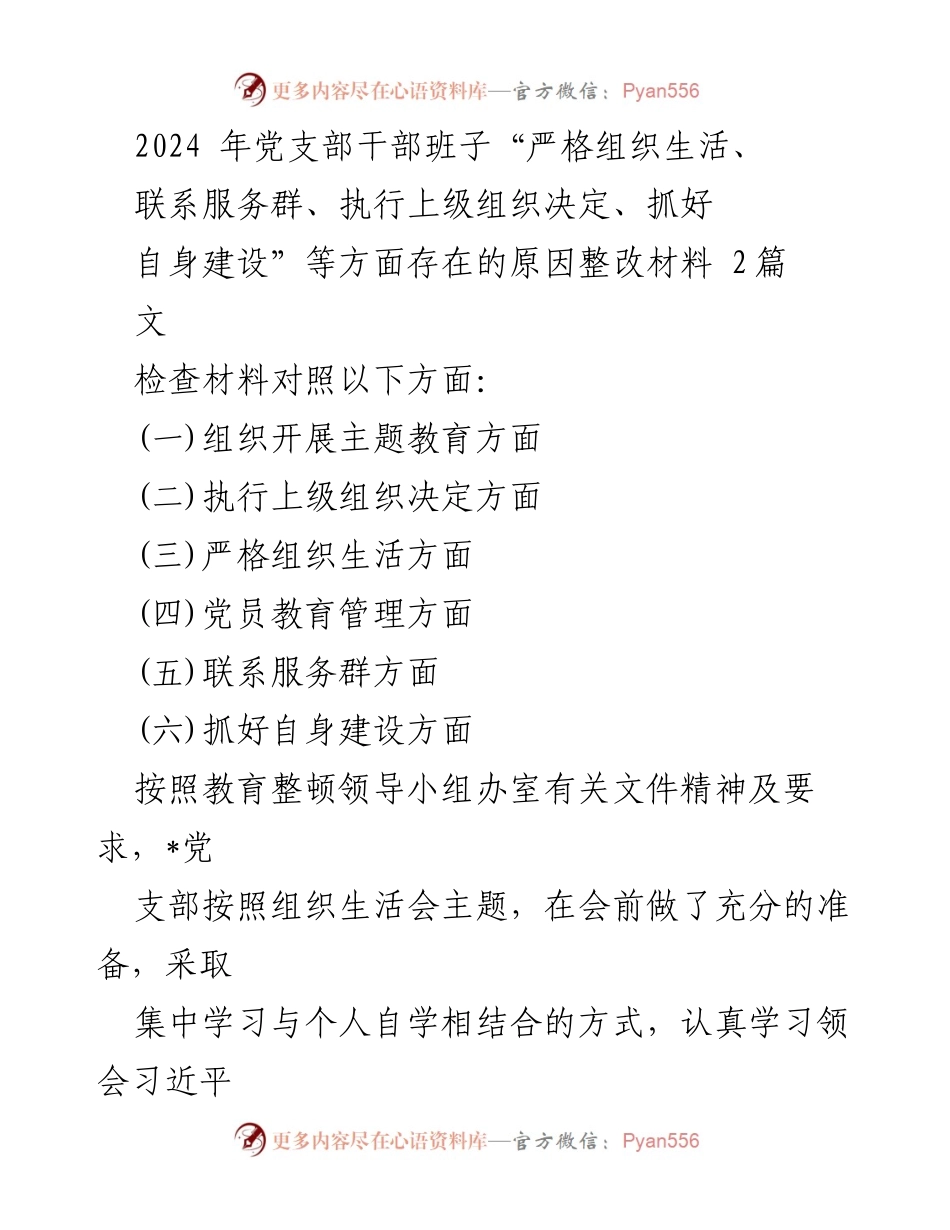 [整改材料] 党支部组织生活会 - 2024年党支部干部班子整改问题分析与措施.docx_第1页