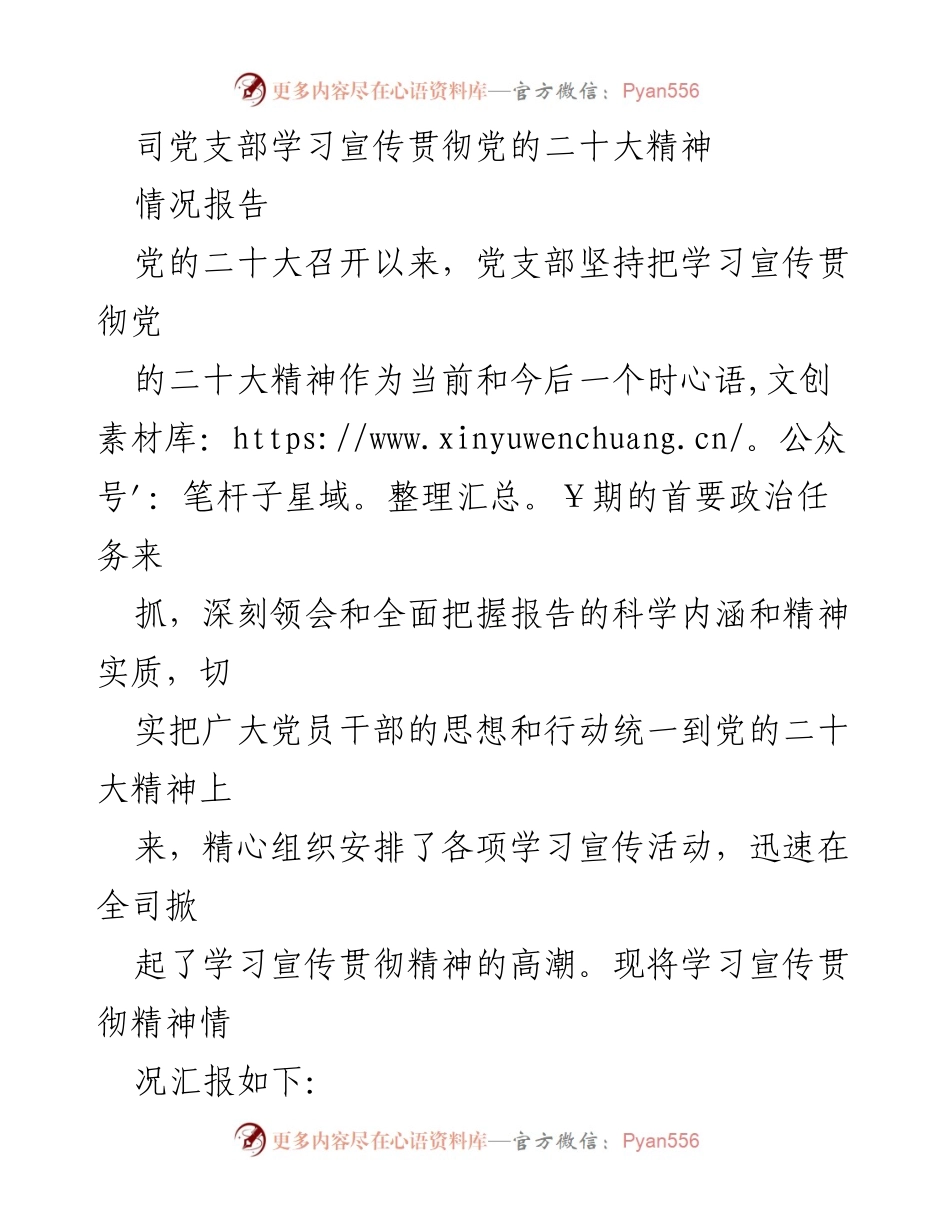 [情况报告] 党支部会议 - 学习宣传贯彻党的二十大精神情况报告.docx_第1页