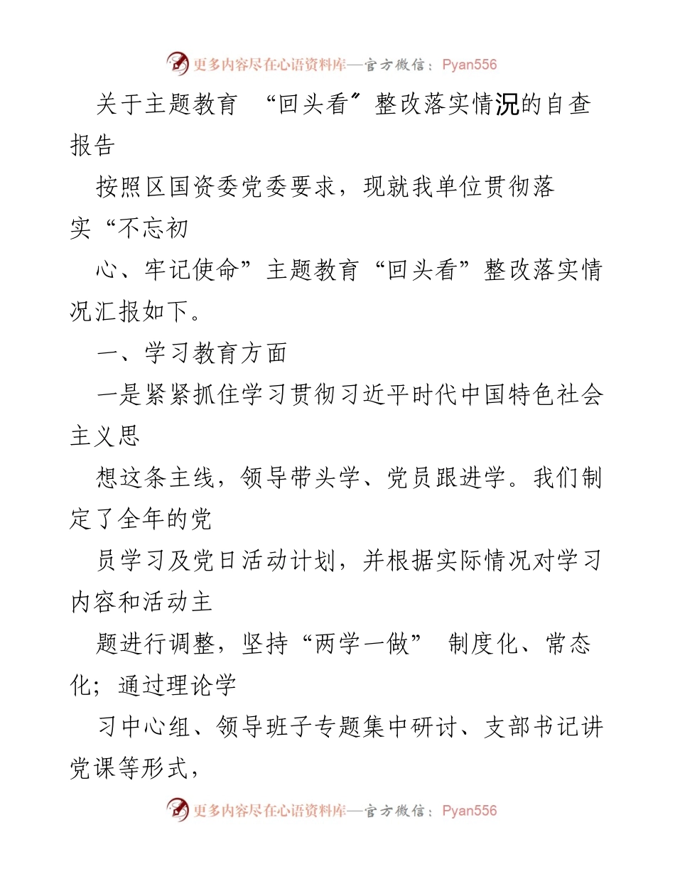 [自查报告] 主题教育整改落实 - 关于主题教育“回头看”整改落实情况的自查报告.docx_第1页