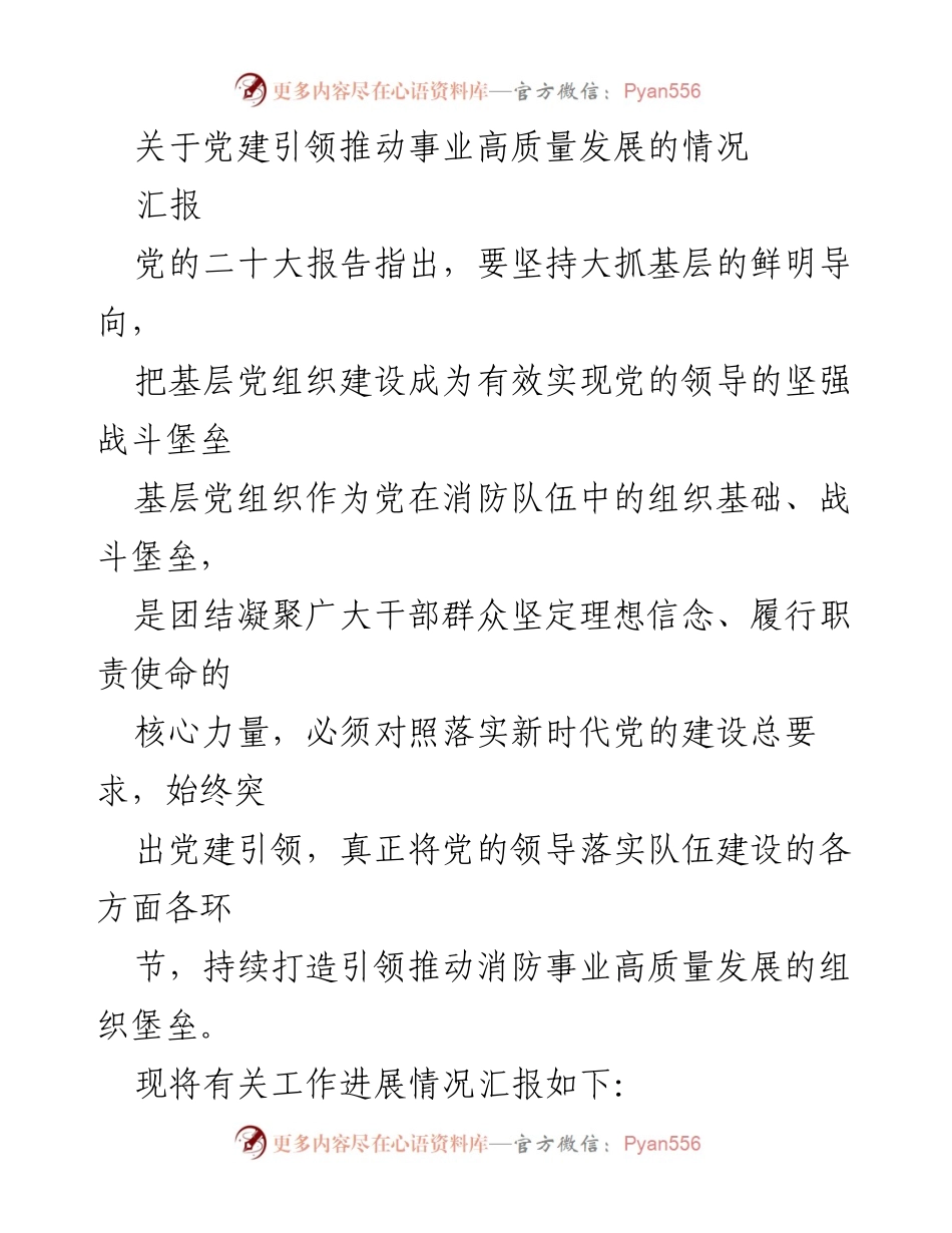 [汇报] 党建工作 - 党建引领推动消防事业高质量发展的进展情况.docx_第1页