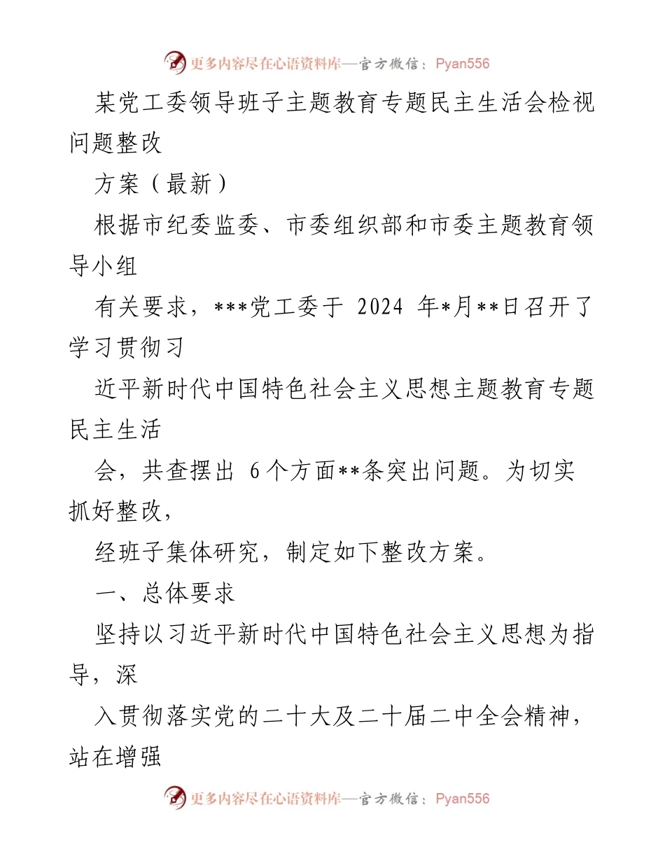 [整改方案] 党工委民主生活会 - 主题教育整改方案及措施.docx_第1页