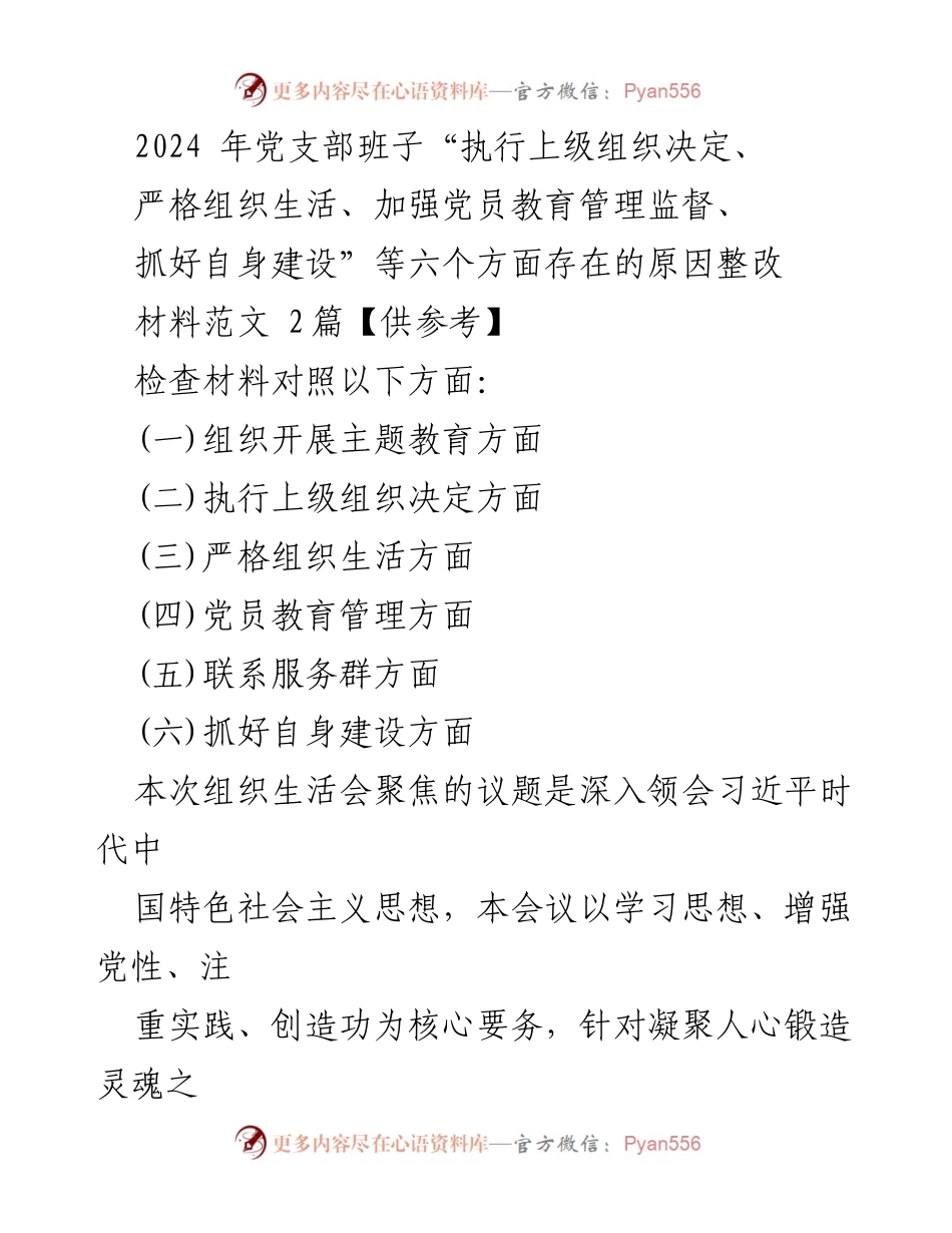 [整改材料] 党支部组织生活会 - 深入整改六个方面问题，增强党性教育与组织执行力.docx_第1页