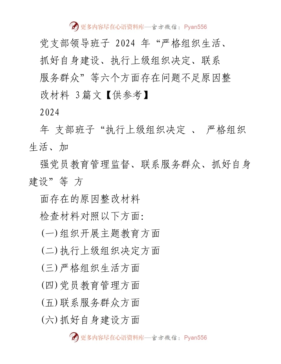 [整改材料] 党支部专题组织生活会 - 2024年党支部班子整改问题汇报_2.docx_第1页