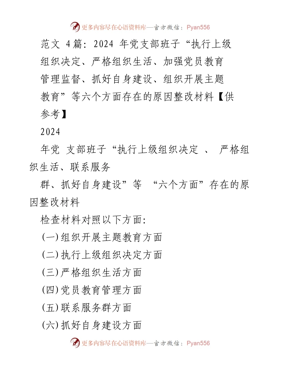 [整改材料] 党支部工作会议 - 2024年党支部班子整改措施汇报：六个方面问题分析与改进建议.docx_第1页