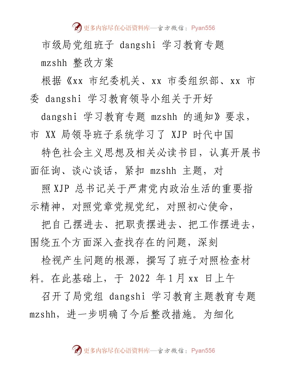 [整改方案] 市级局党组班子 - 深入推进党史学习教育整改方案.docx_第1页