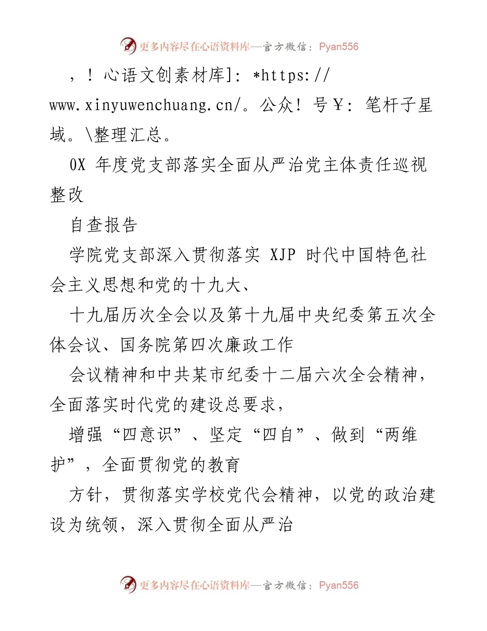 [自查报告] 0X年度党支部全面从严治党巡视整改工作总结.docx_第1页
