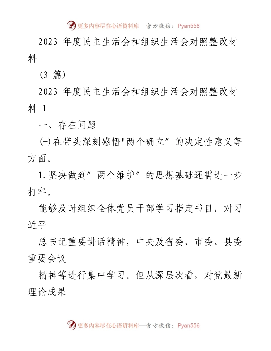 [整改材料] 组织生活会 - 2023年度民主生活会整改问题分析与改进措施.docx_第1页