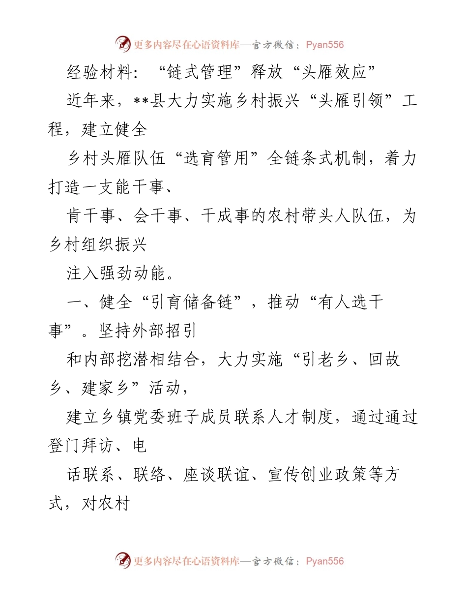 [经验材料] 乡村振兴工作总结 - “链式管理”助力乡村“头雁效应”释放与提升.docx_第1页