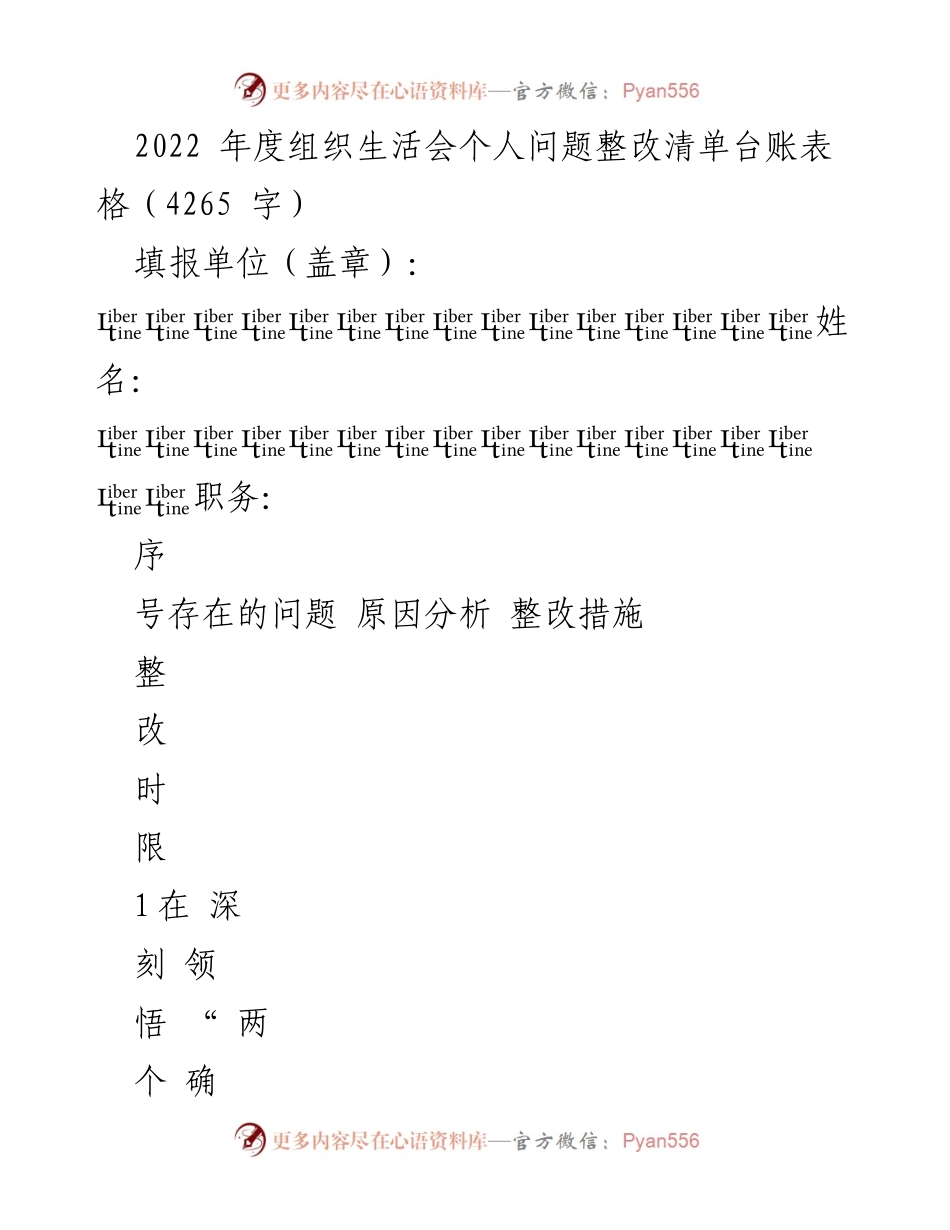 [整改清单] 组织生活会 - 2022年度党员干部个人问题整改清单.docx_第1页