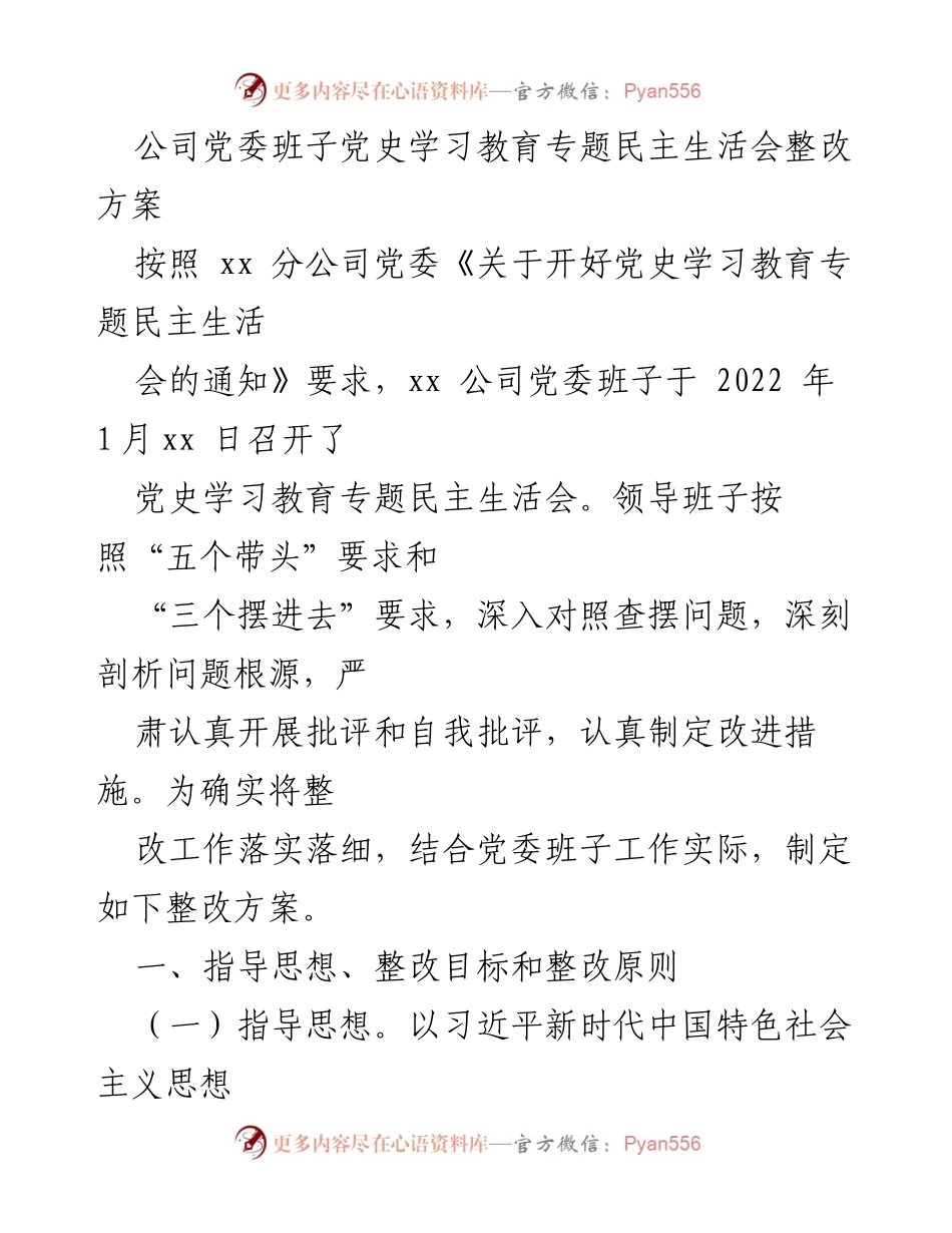 [整改方案] 党委班子民主生活会 - 党史学习教育专题民主生活会整改方案.docx_第1页