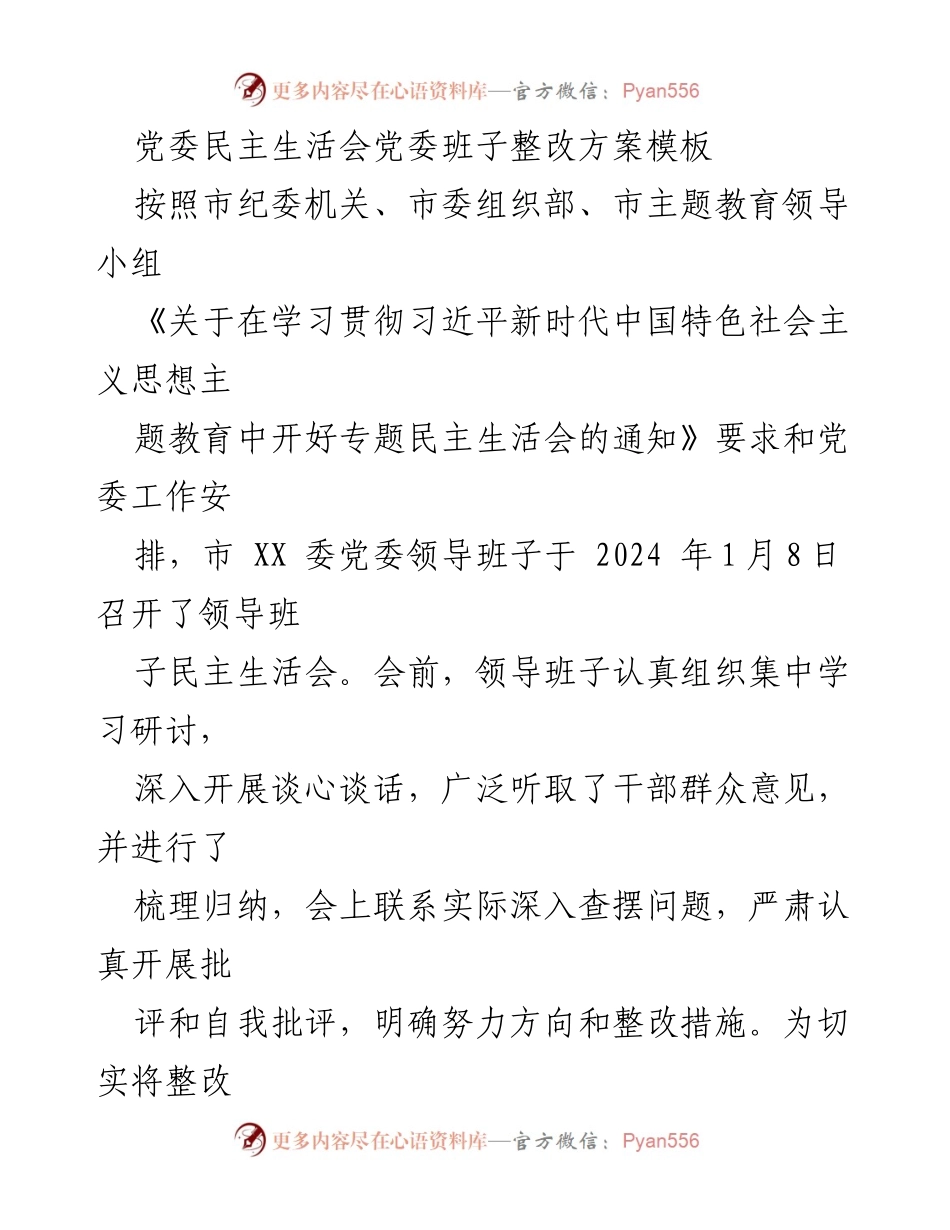 [整改方案] 党委民主生活会 - 党委班子整改方案实施细则.docx_第1页