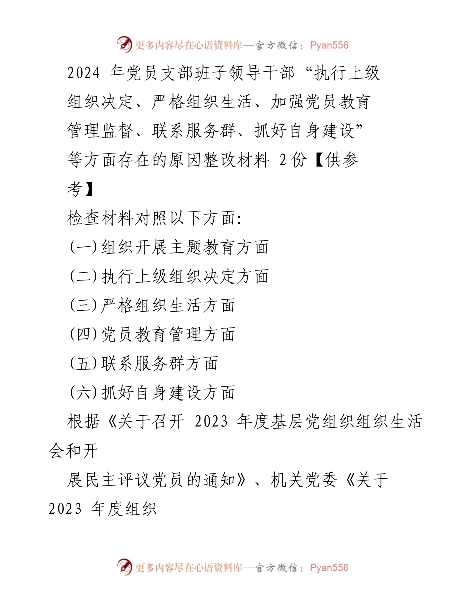 [整改报告] 党员支部组织生活会 - 2024年党员支部班子整改材料分析.docx_第1页