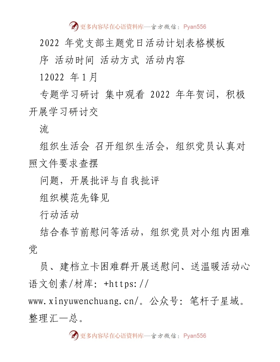 [活动计划] 党支部主题党日 - 2022年党支部主题党日活动计划概览.docx_第1页