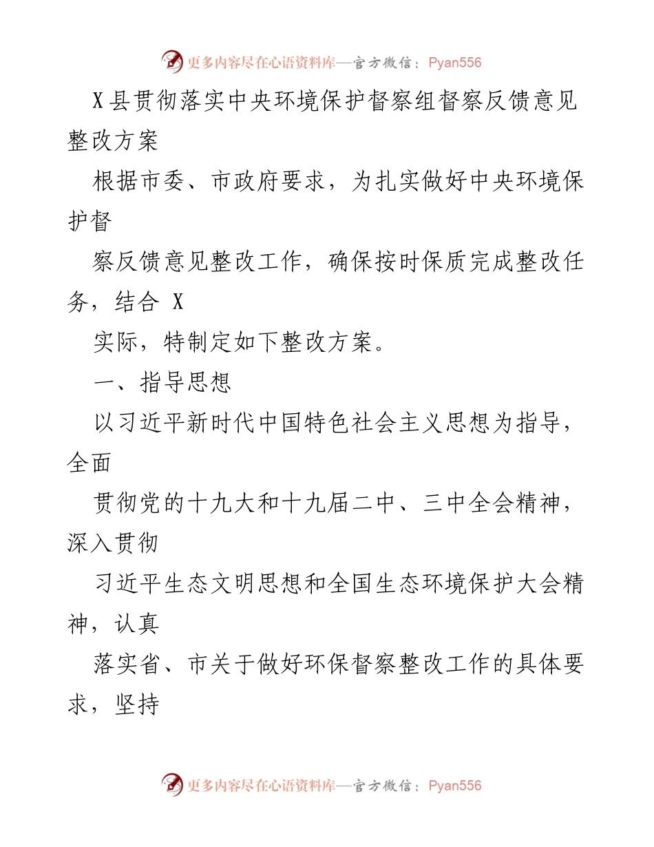 [整改方案] 会议 - X县中央环保督察整改工作方案.docx_第1页