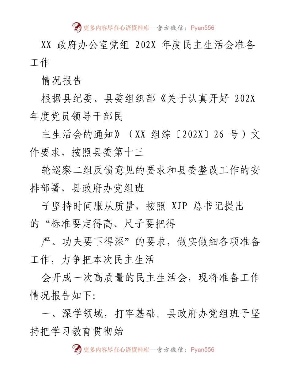 [情况报告] 政府办公室党组 - 202X年度民主生活会准备工作情况报告.docx_第1页