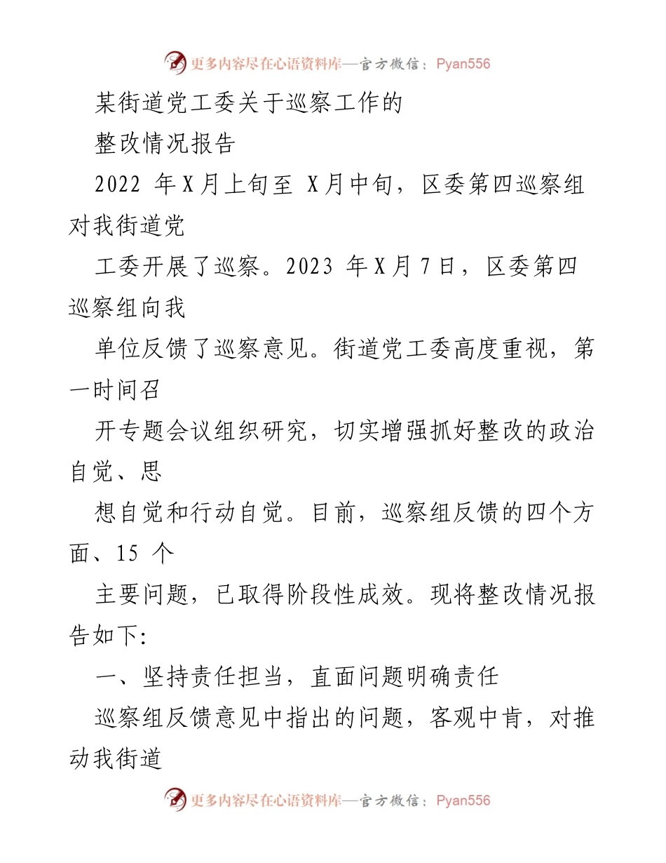 [整改报告] 巡察工作 - 某街道党工委巡察整改情况报告.docx_第1页