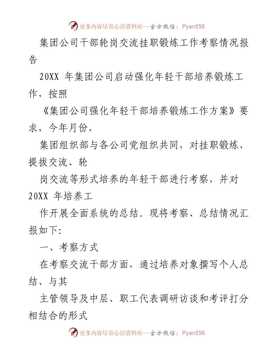[考察报告] 干部轮岗交流 - 集团公司年轻干部挂职锻炼考察总结报告.docx_第1页