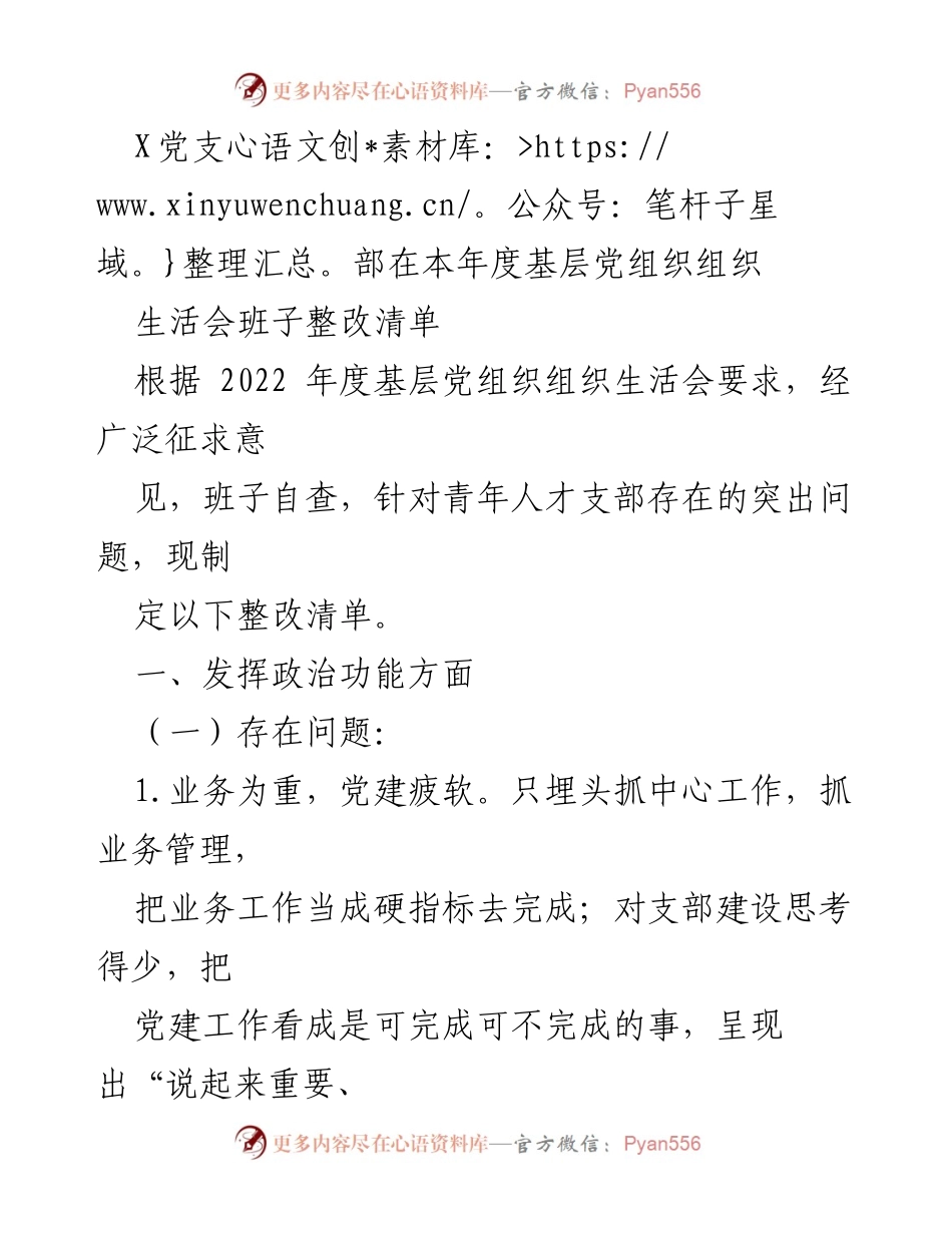 [整改报告] 党支部组织生活会 - 青年人才支部整改清单及措施.docx_第1页