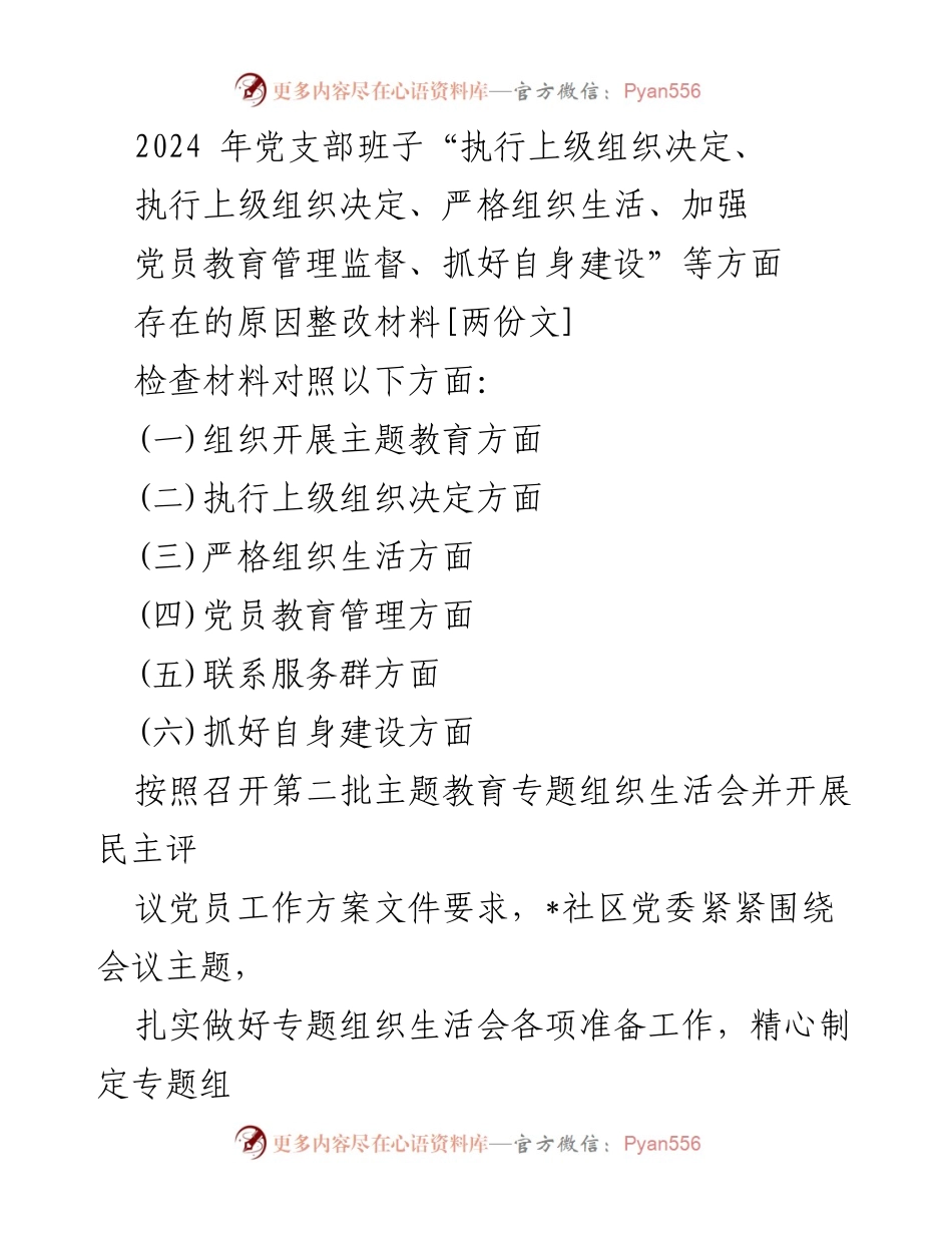 [整改材料] 党支部专题组织生活会 - 2024年党支部班子整改问题汇报.docx_第1页