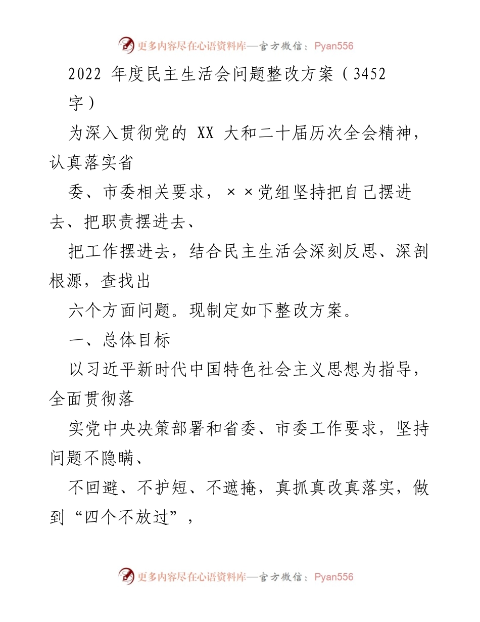 [整改方案] 2022年度民主生活会 - 深入整改，推动高质量发展.docx_第1页