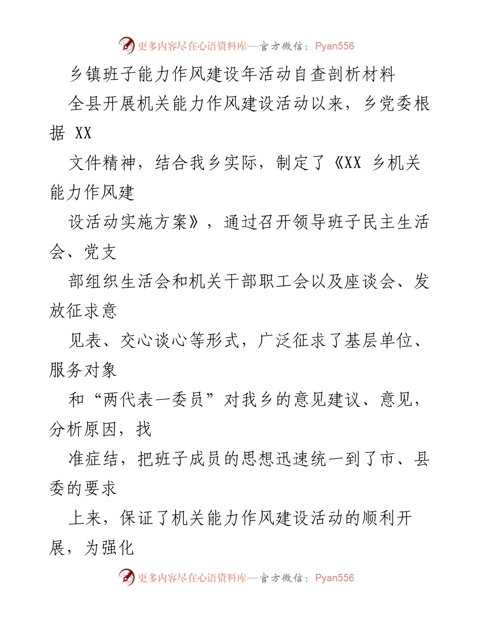 [自查剖析] 乡镇机关能力作风建设 - 乡镇班子能力作风建设年活动自查分析报告.docx_第1页