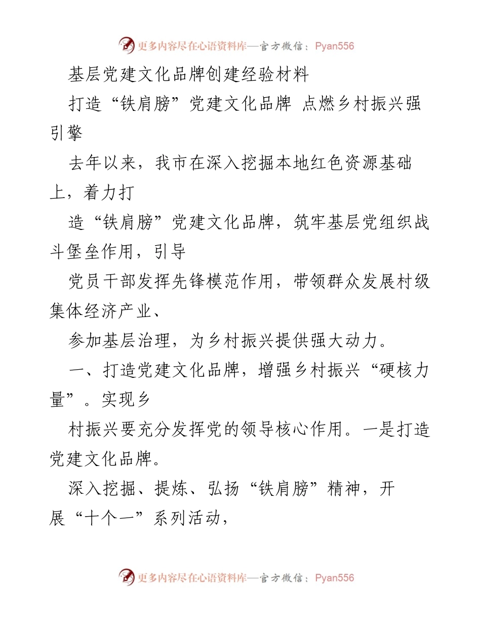 [经验材料] 基层党建 - 打造“铁肩膀”党建文化品牌，助力乡村振兴.docx_第1页