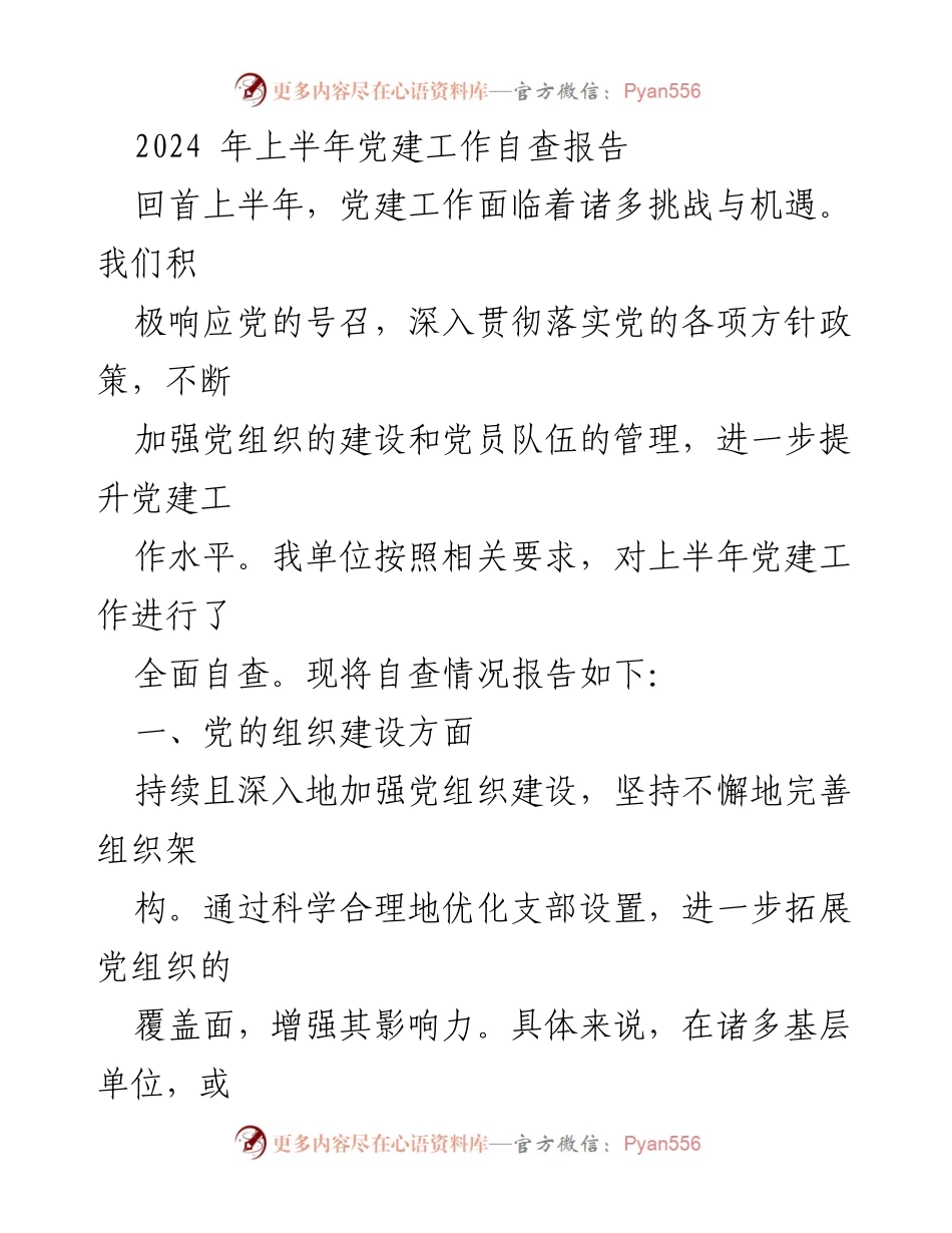 [自查报告] 党建工作 - 2024年上半年党建工作自查报告.docx_第1页