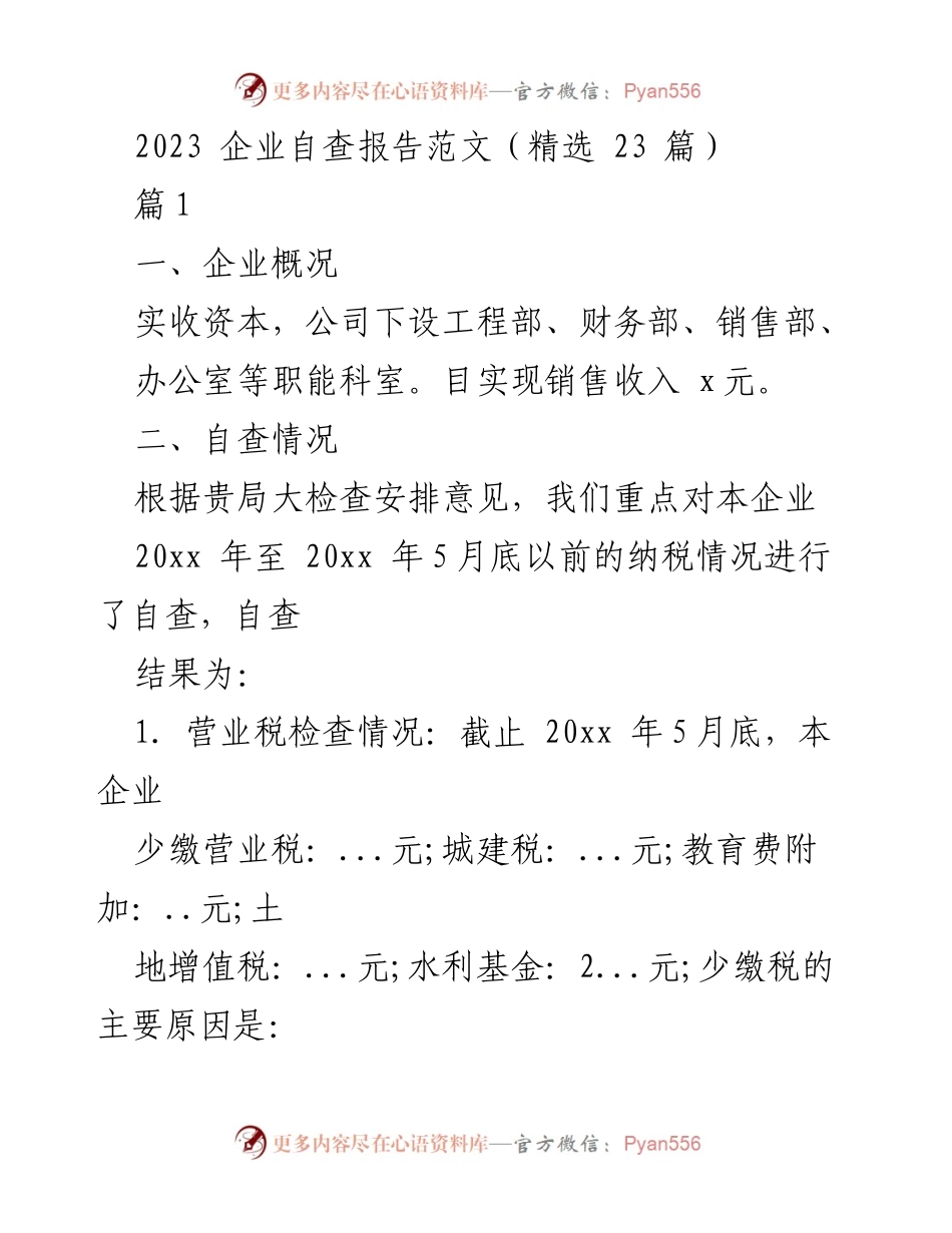 [自查报告] 企业自查 - 2023 企业自查报告总结与分析.docx_第1页