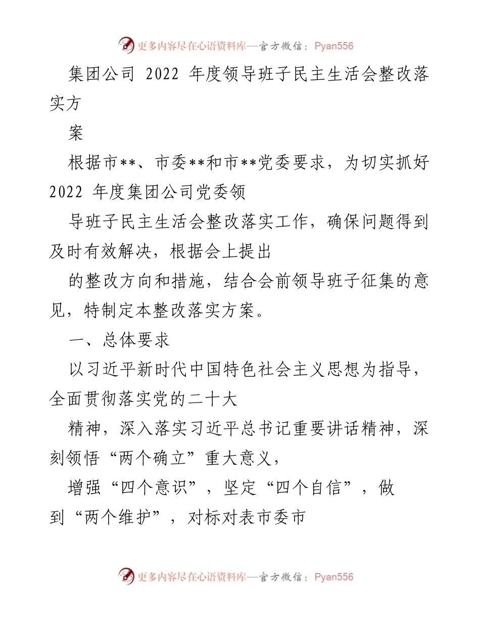 [整改方案] 领导班子民主生活会 - 2022年度集团公司领导班子整改落实方案.docx_第1页