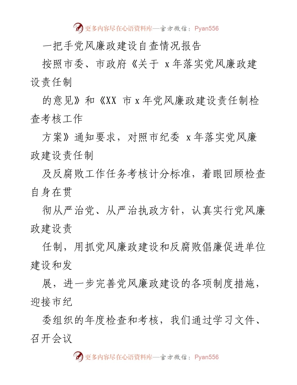 [自查报告] 党风廉政建设 - 一把手党风廉政建设自查情况报告.docx_第1页