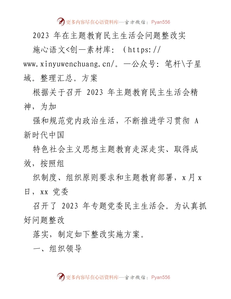 [整改实施方案] 党委民主生活会 - 2023年主题教育民主生活会问题整改实施方案_1.docx_第1页