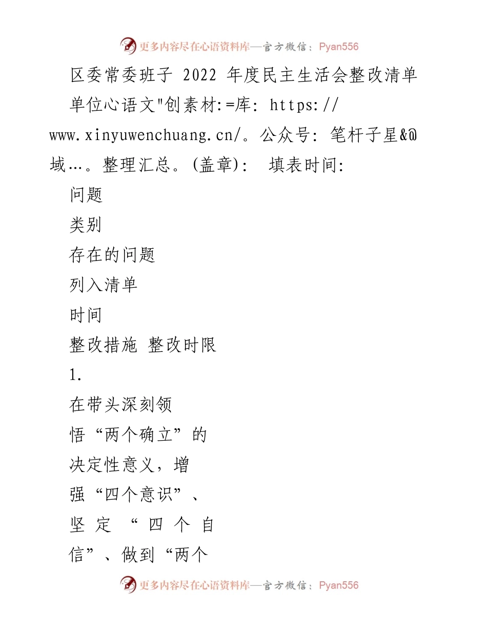 [整改清单] 区委常委班子 - 2022年度民主生活会整改措施汇总.docx_第1页