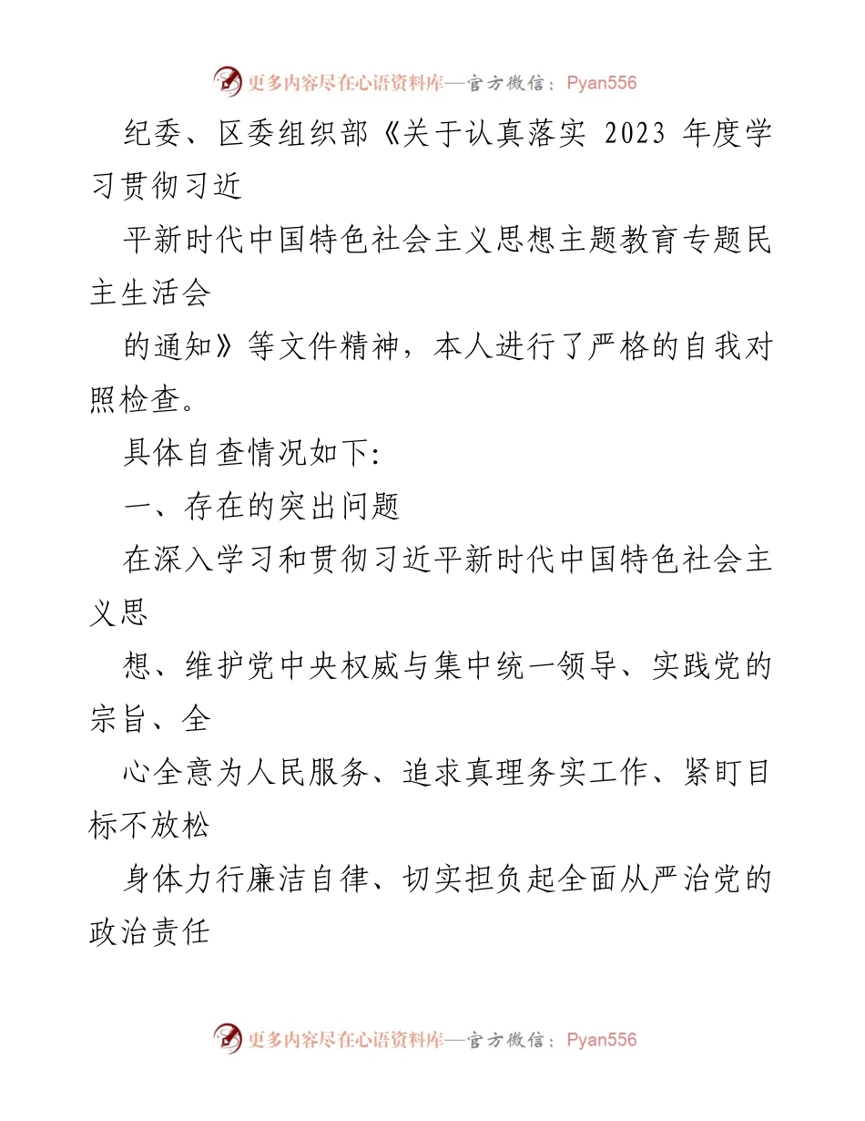 [自查报告] 主题教育专题民主生活会 - 2023年度个人自查与反思材料.docx_第2页