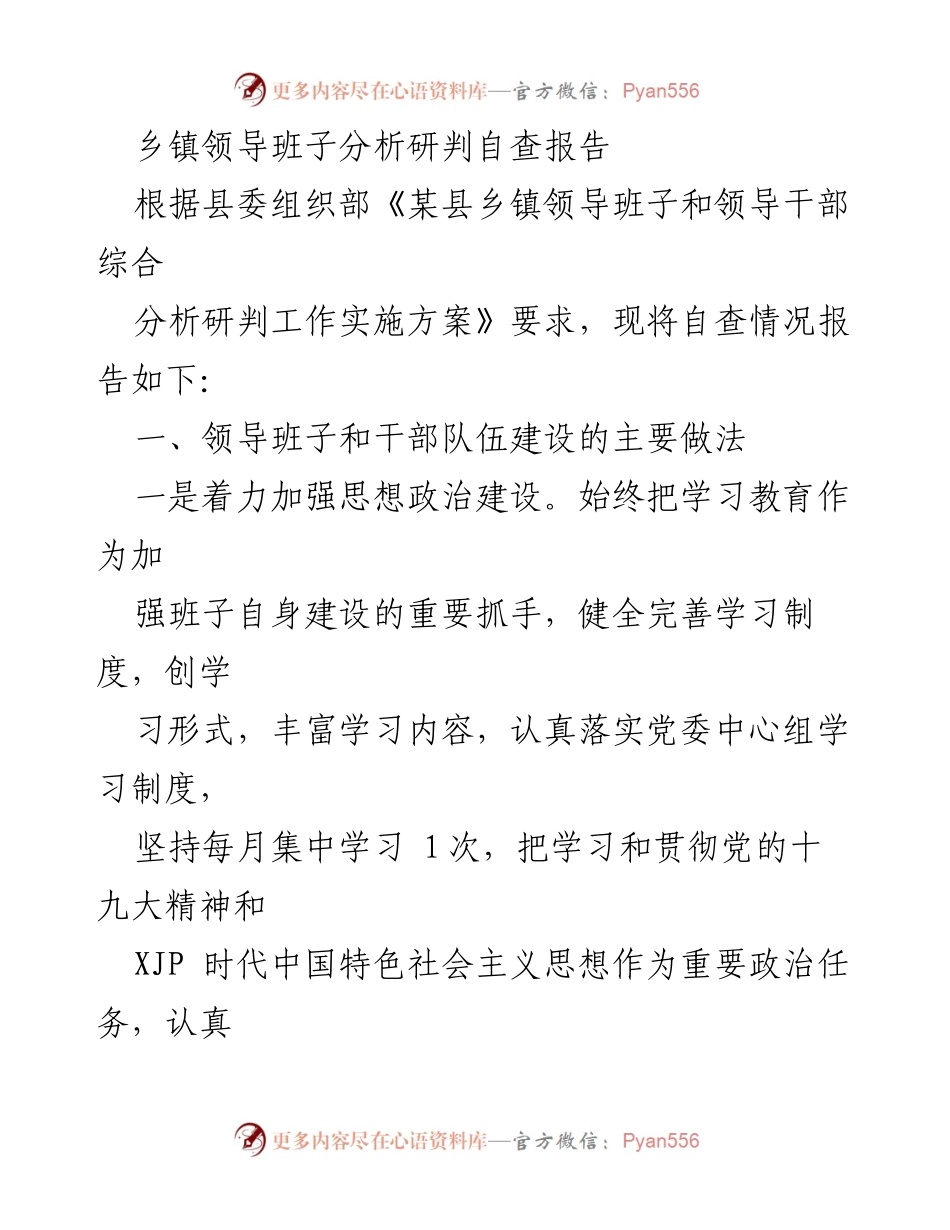 [自查报告] 乡镇领导班子 - 乡镇领导班子建设与反腐自查报告.docx_第1页