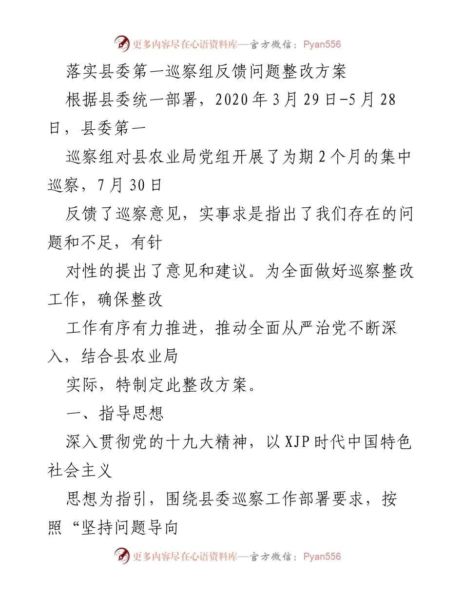 [整改方案] 农业局 - 巡察反馈问题整改方案实施计划.docx_第1页
