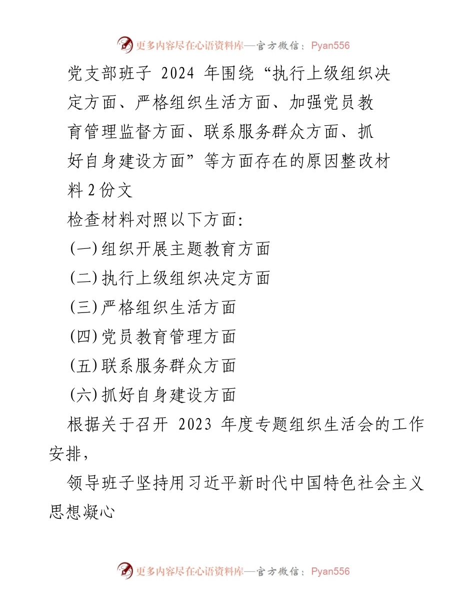 [整改材料] 党支部专题组织生活会 - 2024年党支部班子整改措施及问题分析.docx_第1页