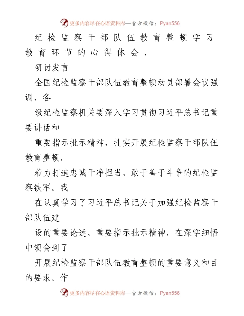 [研讨发言] 全国纪检监察干部队伍教育整顿动员部署会议 - 深入学习贯彻习近平总书记重要讲话精神，推动纪检监察干部队伍教育整顿.docx_第1页