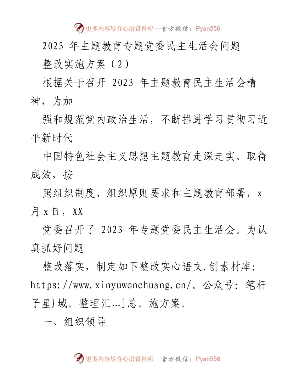 [整改实施方案] 党委民主生活会 - 2023年主题教育民主生活会问题整改实施方案.docx_第1页