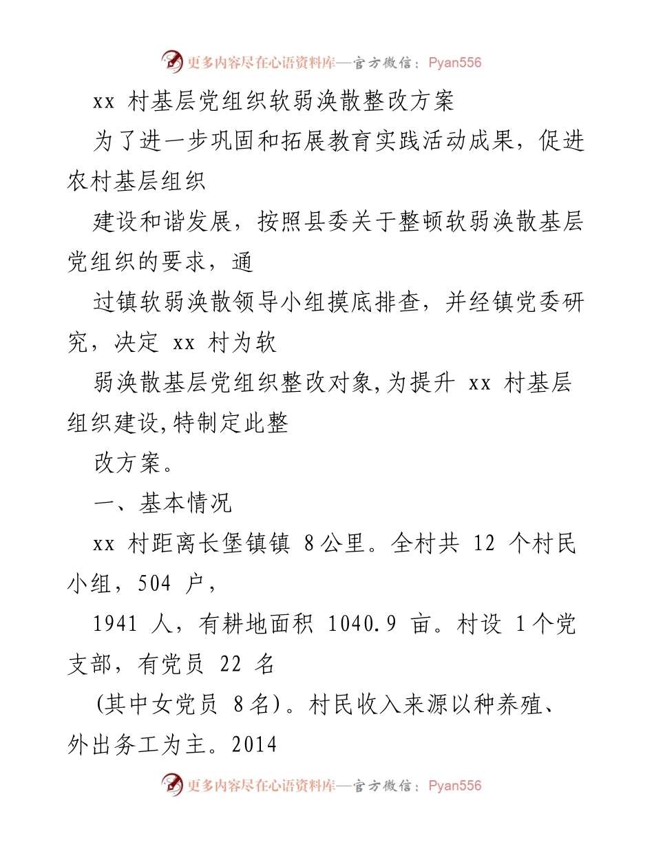 [整改方案] 村级党组织 - xx村基层党组织软弱涣散整改方案.docx_第1页