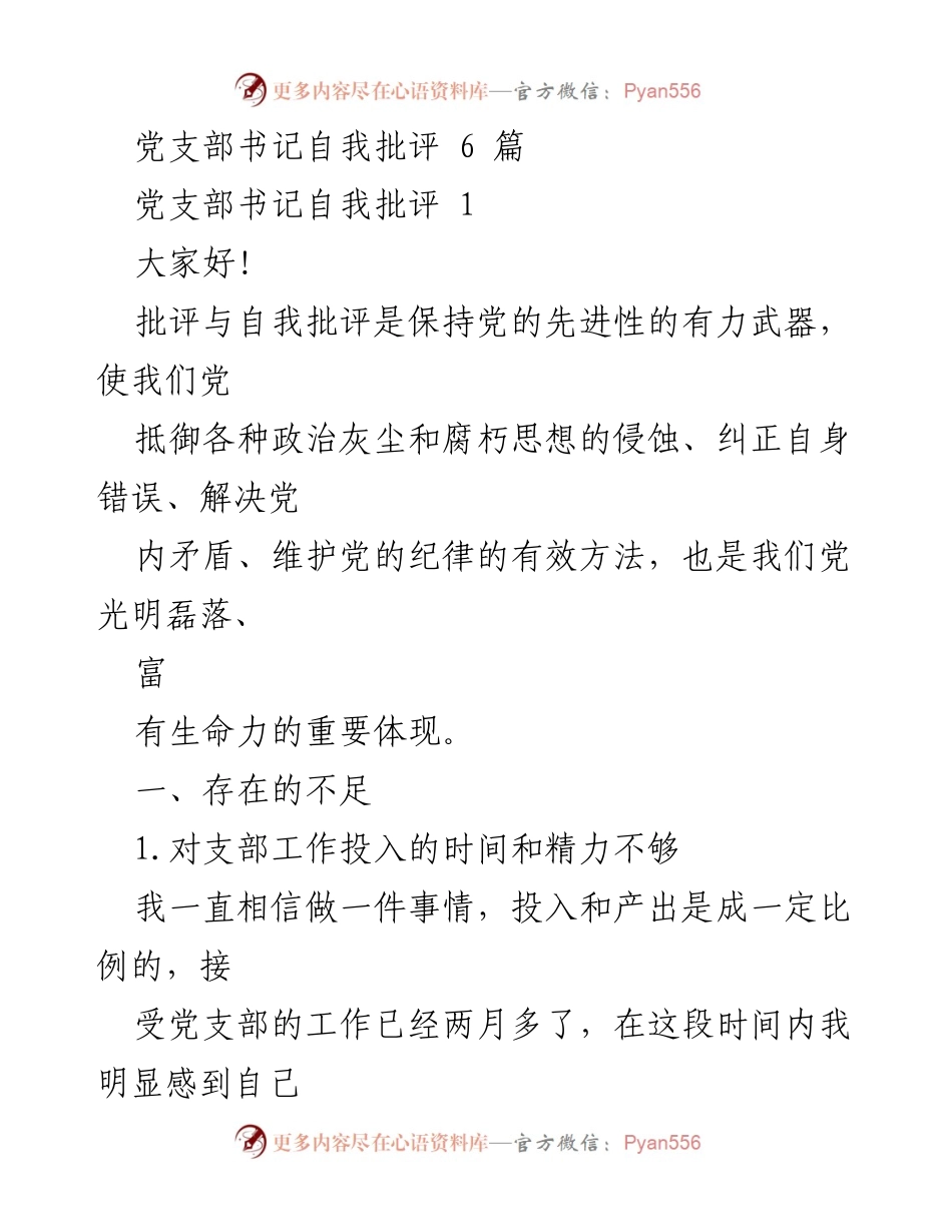 [自我批评] 党支部书记 - 反思与改进：党支部书记的自我批评与整改措施.docx_第1页