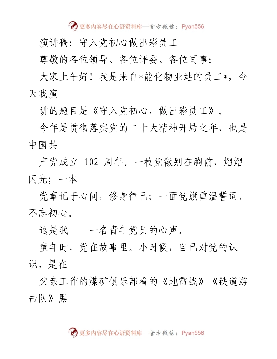 [演讲] 党员大会 - 守初心，做出彩员工.docx_第1页