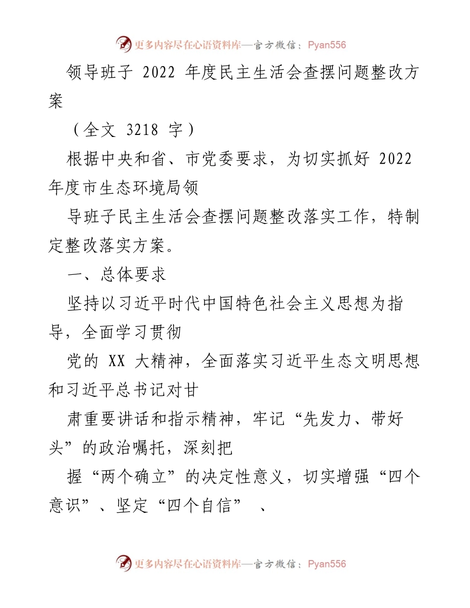 [整改方案] 领导班子年度民主生活会 - 2022年度民主生活会整改落实方案.docx_第1页