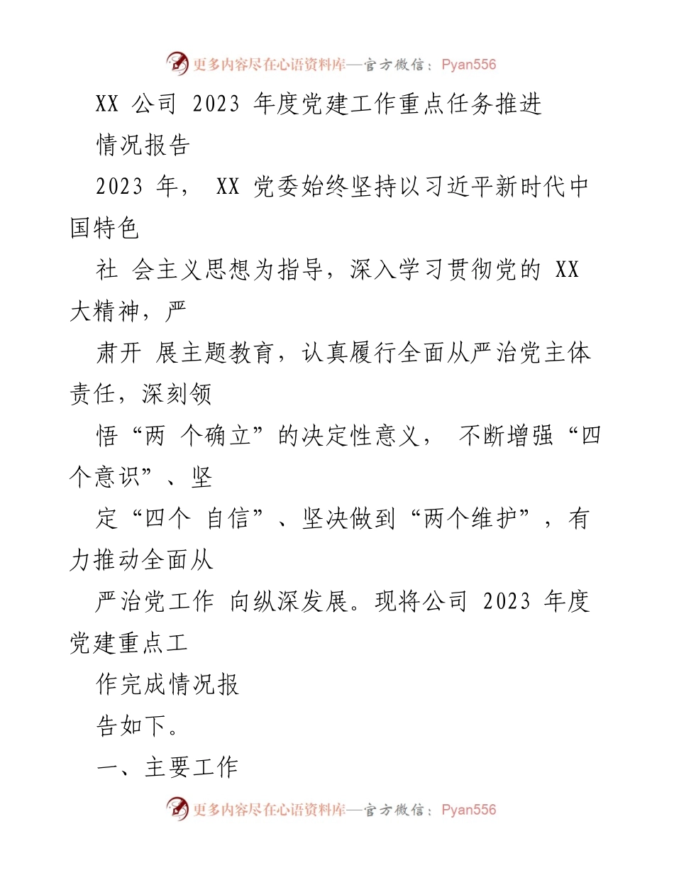 [情况报告] 党建工作 - XX公司2023年度党建工作推进情况报告.docx_第1页
