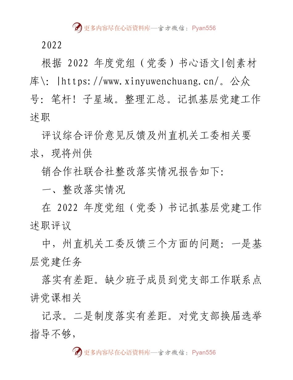 [整改报告] 党建工作 - 2022年度州供销合作社党建工作整改落实情况报告.docx_第1页