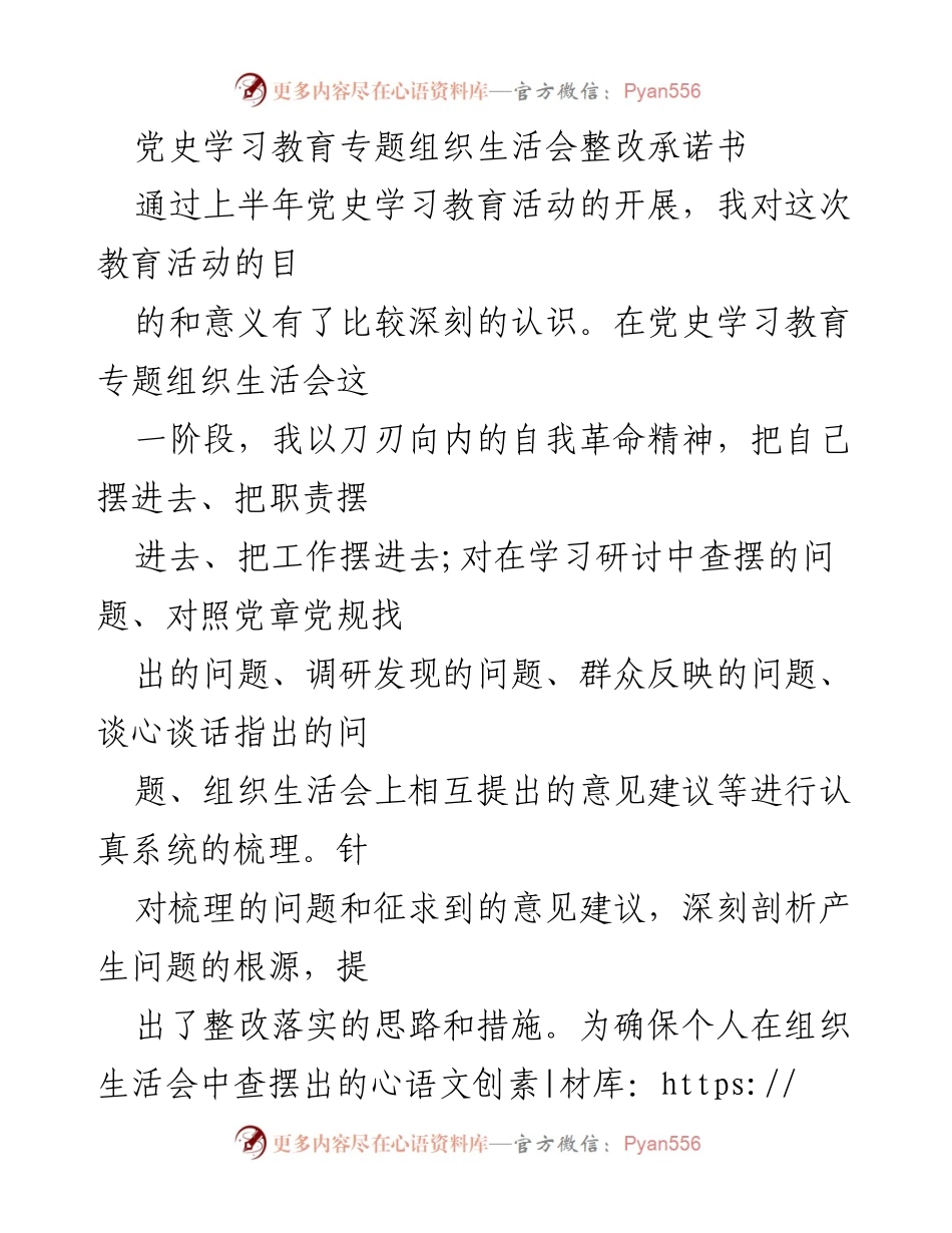 [整改承诺书] 党史学习教育专题组织生活会 - 深化党史学习，推动问题整改落实.docx_第1页