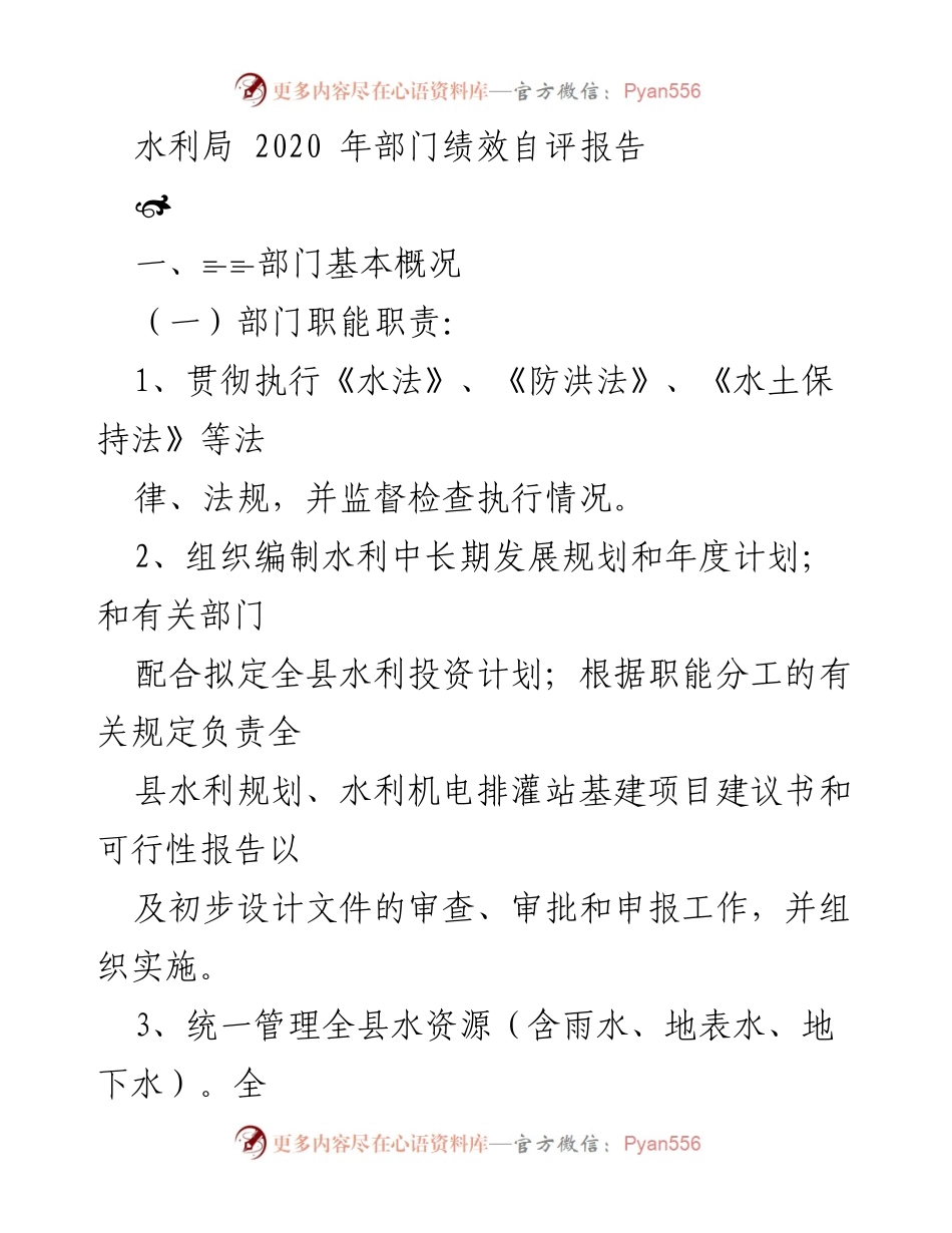 [绩效自评报告] 水利局 - 2020年部门绩效自评报告.docx_第1页